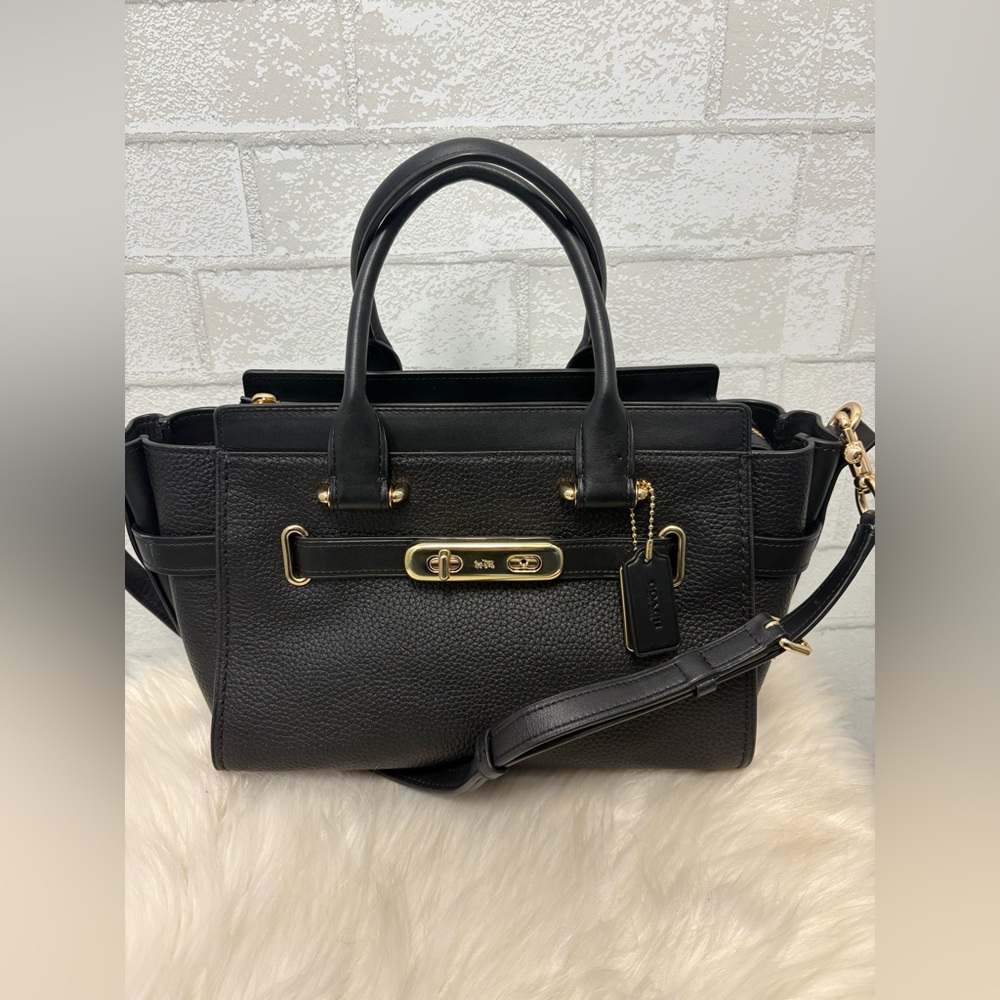 Coach Pebbled Leather Turnlock Satchel - Black